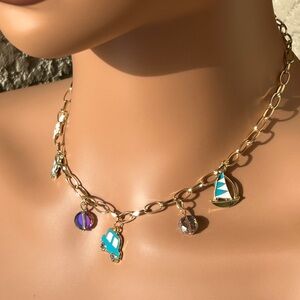 Gold Charm Necklace with Blue and Purple Accents